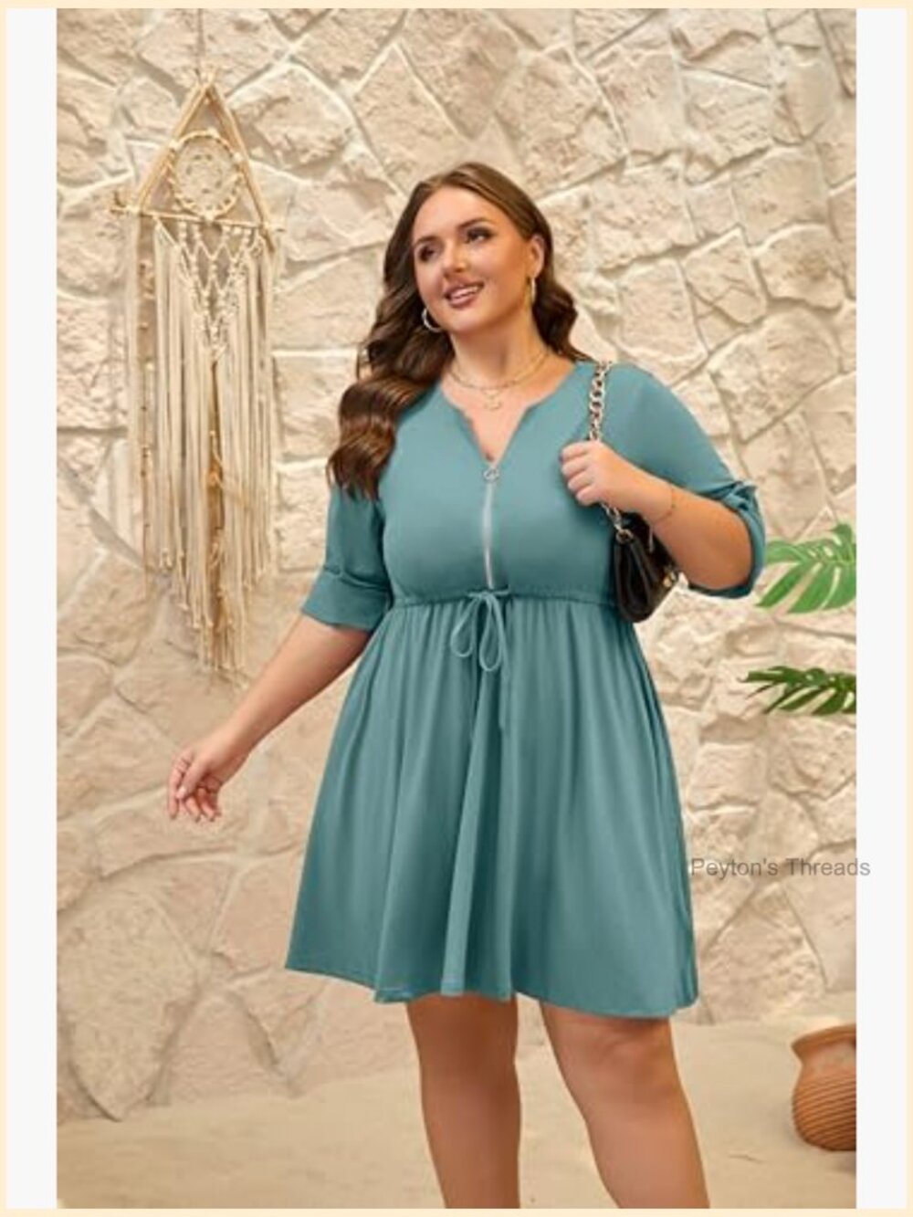 Plus Size Casual Roll Up 3/4 Sleeve V Neck Zipper Tie Waist Flowy Dress with - Picture 4 of 7